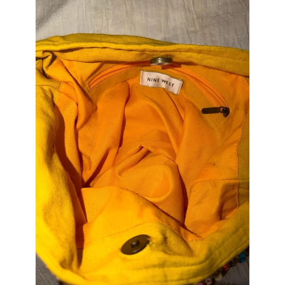 Vintage Nine West yellow canvas hobo bag sequin seed bead embellishment large